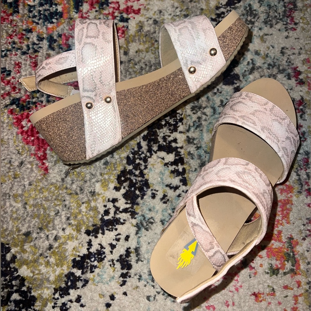 Volatile Pink Snakeskin Wedges